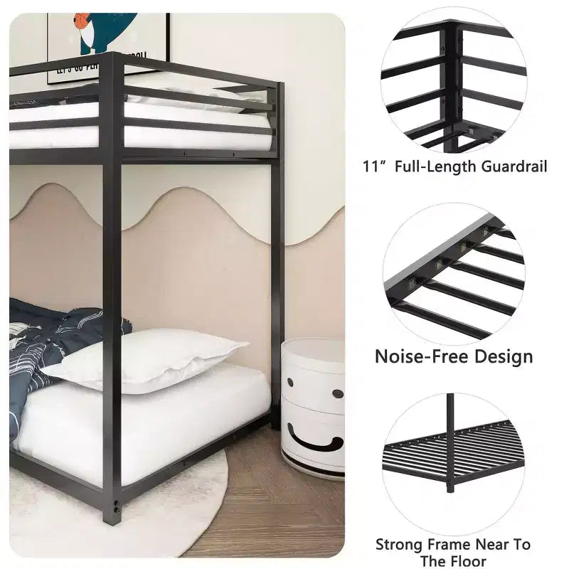 Lits superposés jumeaux pour enfants en métal, 194,8 cm, lits superposés bas avec échelle et barrières de sécurité, sommiers pour chambre à coucher, noir