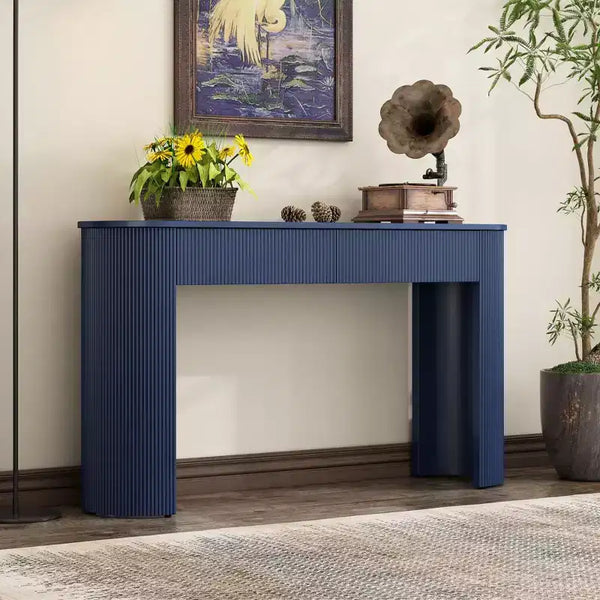 Okak 54IN Modern Console Table with Fluted Design, Entryway Table with 2 Storage Drawers and Oval Top, Accent Table for Hallway, Living Room, Navy
