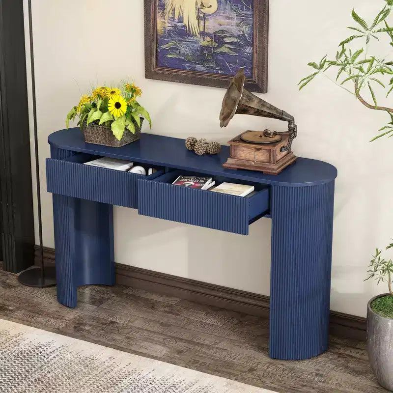 Console moderne de 137 cm avec design cannelé, table d'entrée avec 2 tiroirs de rangement et plateau ovale, table d'appoint pour couloir, salon, bleu marine