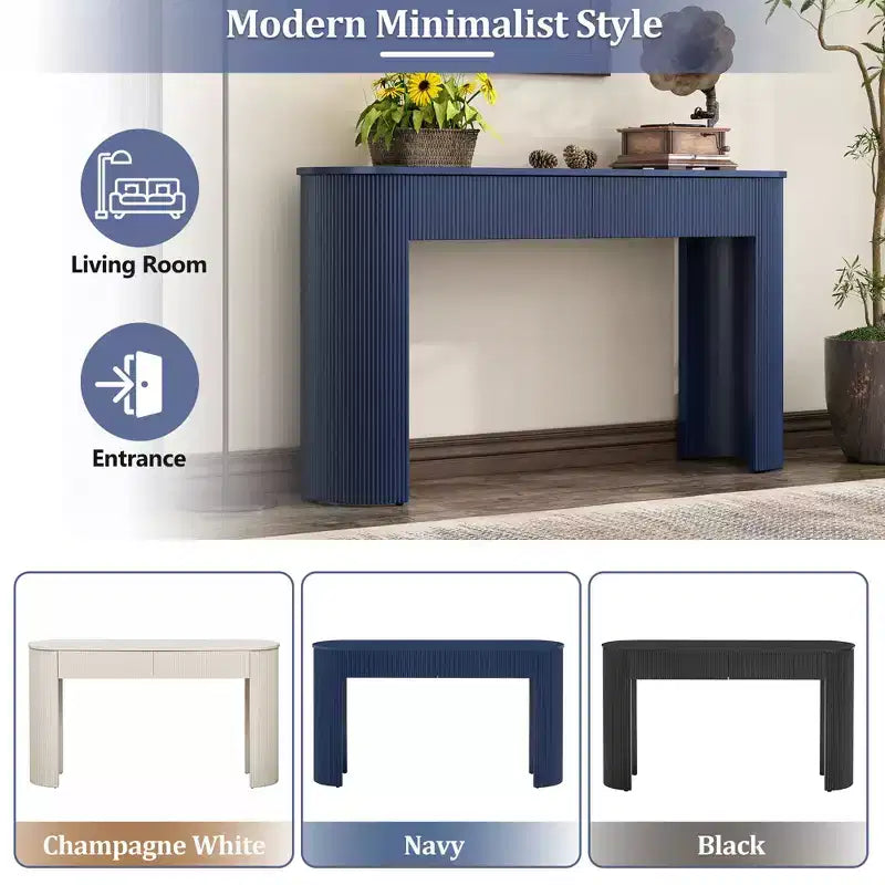 Console moderne de 137 cm avec design cannelé, table d'entrée avec 2 tiroirs de rangement et plateau ovale, table d'appoint pour couloir, salon, bleu marine