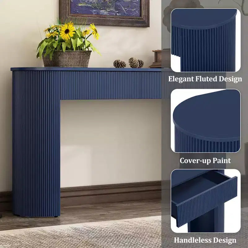 Console moderne de 137 cm avec design cannelé, table d'entrée avec 2 tiroirs de rangement et plateau ovale, table d'appoint pour couloir, salon, bleu marine