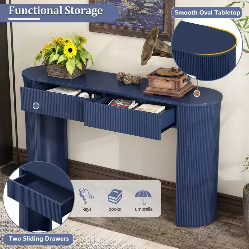 Console moderne de 137 cm avec design cannelé, table d'entrée avec 2 tiroirs de rangement et plateau ovale, table d'appoint pour couloir, salon, bleu marine