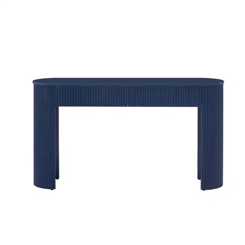 Console moderne de 137 cm avec design cannelé, table d'entrée avec 2 tiroirs de rangement et plateau ovale, table d'appoint pour couloir, salon, bleu marine