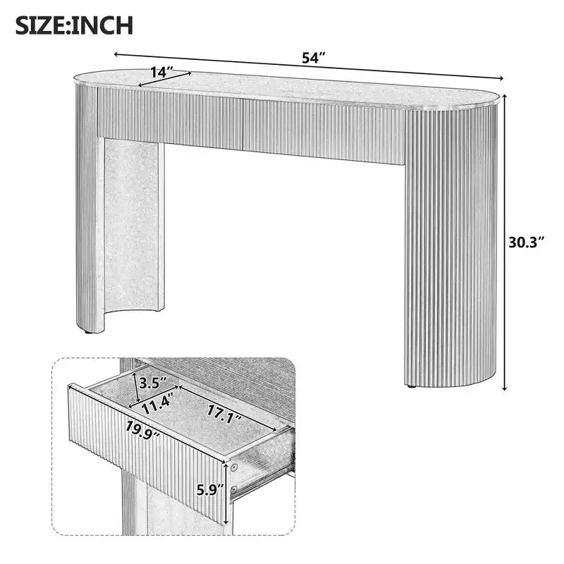 Console moderne de 137 cm avec design cannelé, table d'entrée avec 2 tiroirs de rangement et plateau ovale, table d'appoint pour couloir, salon, bleu marine