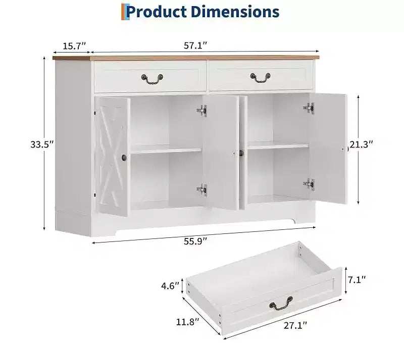 57'' Modern Farmhouse Sideboard Buffet Cabinet with 2 Drawers & Adjustable Shelves, Dining Room Coffee Bar Organizer for Living Room