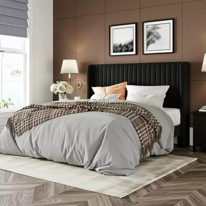 Velvet Upholstered Bed with Wingback Headboard, No Box Spring Needed