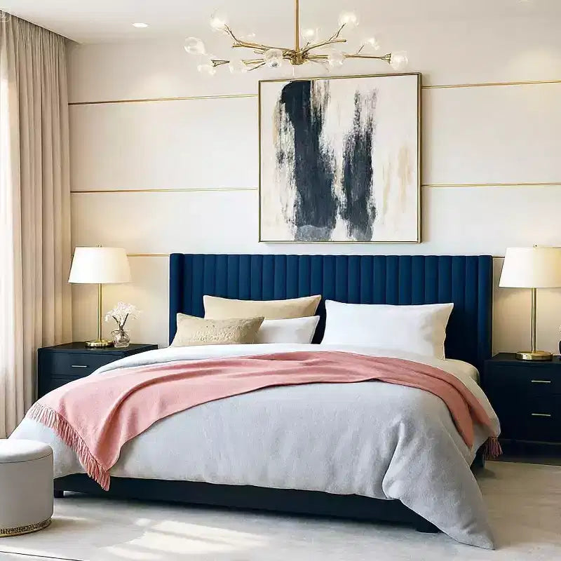 Velvet Upholstered Bed with Wingback Headboard, No Box Spring Needed