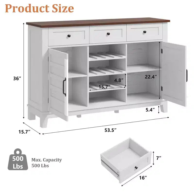 53.5 in Farmhouse Buffet Cabinet with Storage, Storage Cabinet with 3 Drawer, Reversible Wine Rack, Farmhouse Sideboard with Adjustable Shelf