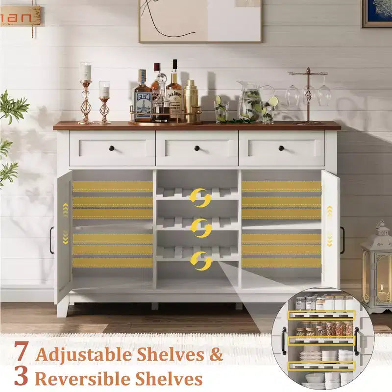 53.5 in Farmhouse Buffet Cabinet with Storage, Storage Cabinet with 3 Drawer, Reversible Wine Rack, Farmhouse Sideboard with Adjustable Shelf