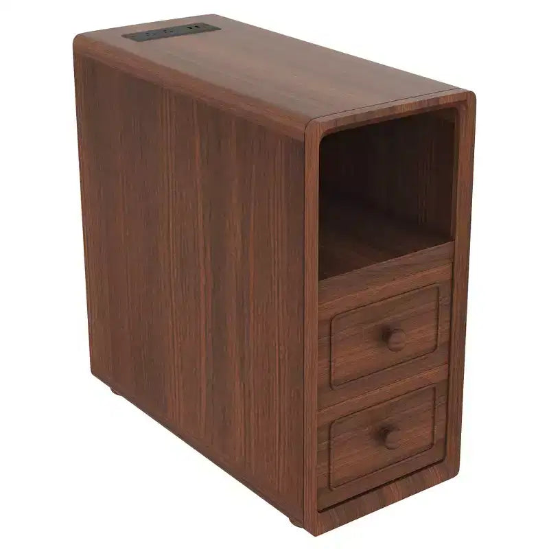 Table d'appoint et table d'angle avec tiroirs, étagères ouvertes pour chambre et coin - Noyer