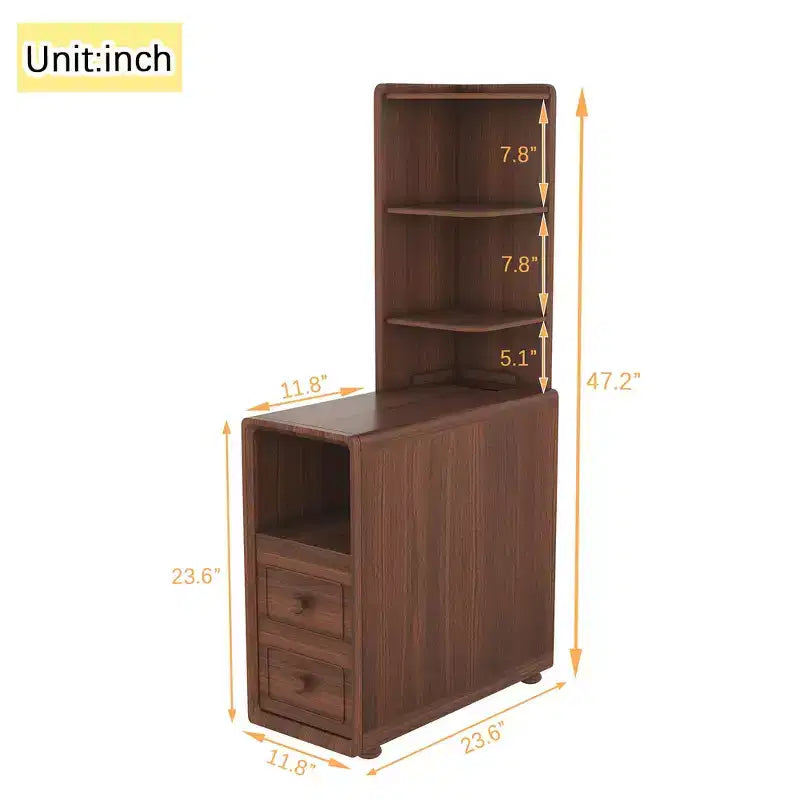 Table d'appoint et table d'angle avec tiroirs, étagères ouvertes pour chambre et coin - Noyer