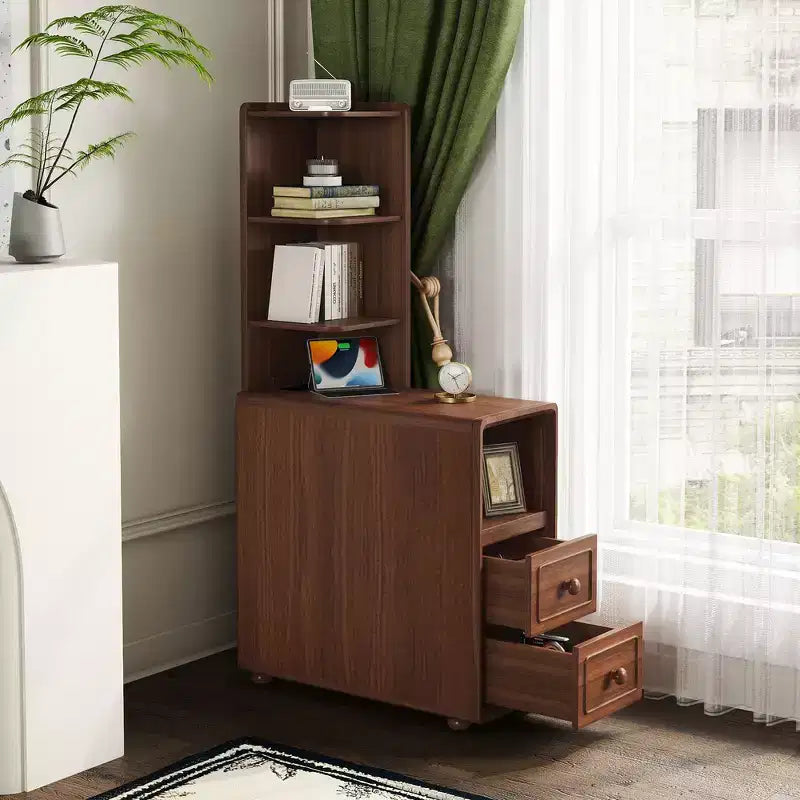 Table d'appoint et table d'angle avec tiroirs, étagères ouvertes pour chambre et coin - Noyer