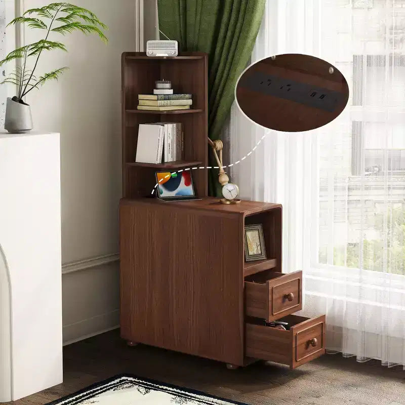 Table d'appoint et table d'angle avec tiroirs, étagères ouvertes pour chambre et coin - Noyer