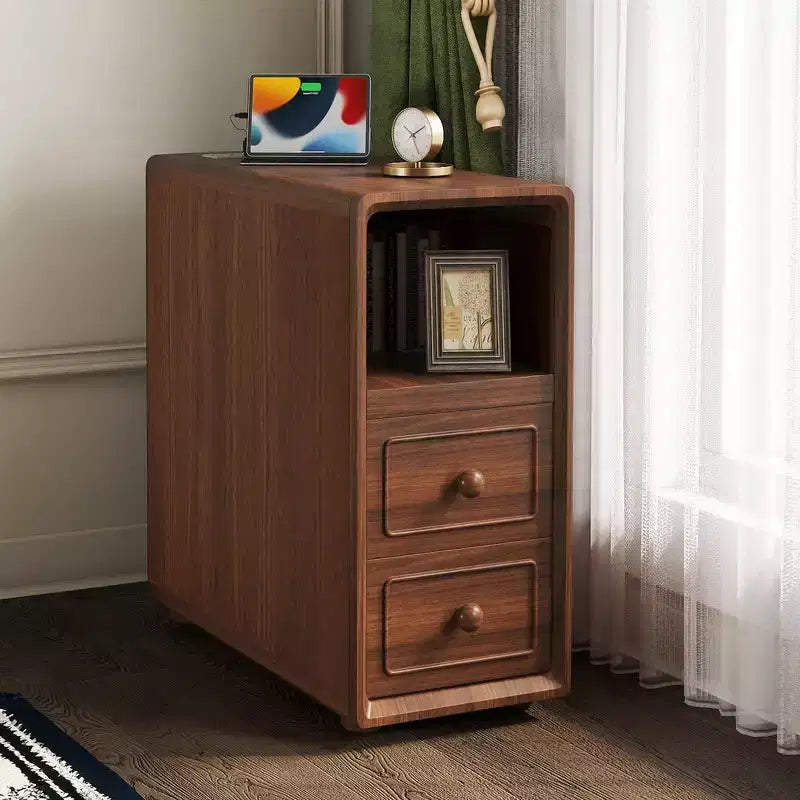 Table d'appoint et table d'angle avec tiroirs, étagères ouvertes pour chambre et coin - Noyer