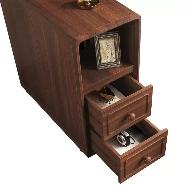 Table d'appoint et table d'angle avec tiroirs, étagères ouvertes pour chambre et coin - Noyer
