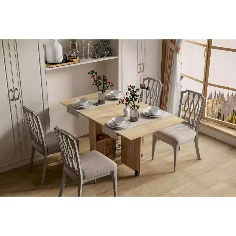 55IN Modern Extendable Kitchen Table, Space-Saving Dining Table with 2 Wheels and 2 Storage Racks, Foldable Table for Living Room, Wood