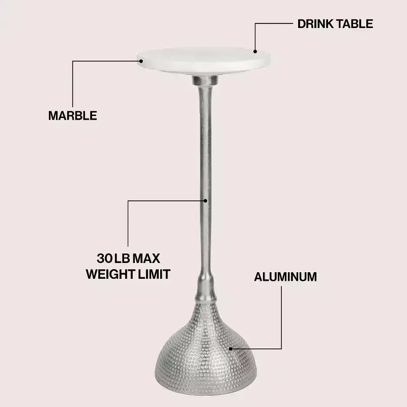 Table d'appoint ronde Art Déco en métal avec plateau en marbre blanc et base martelée