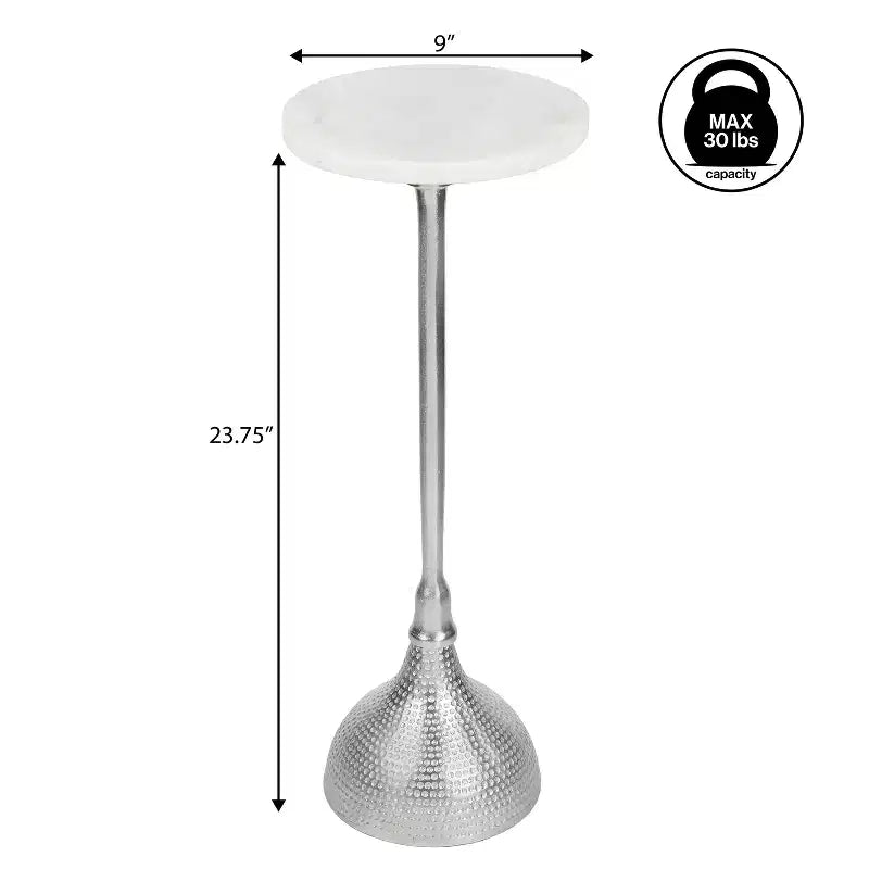 Table d'appoint ronde Art Déco en métal avec plateau en marbre blanc et base martelée