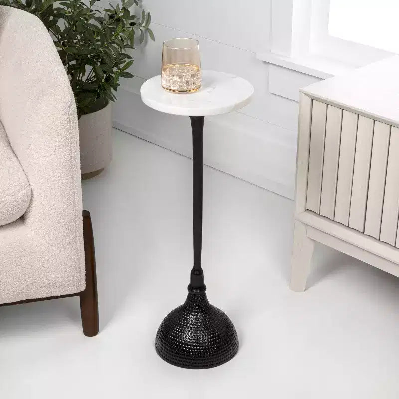 Art Deco Metal Pedestal Drink Table with White Marble Round Top & Hammered Base