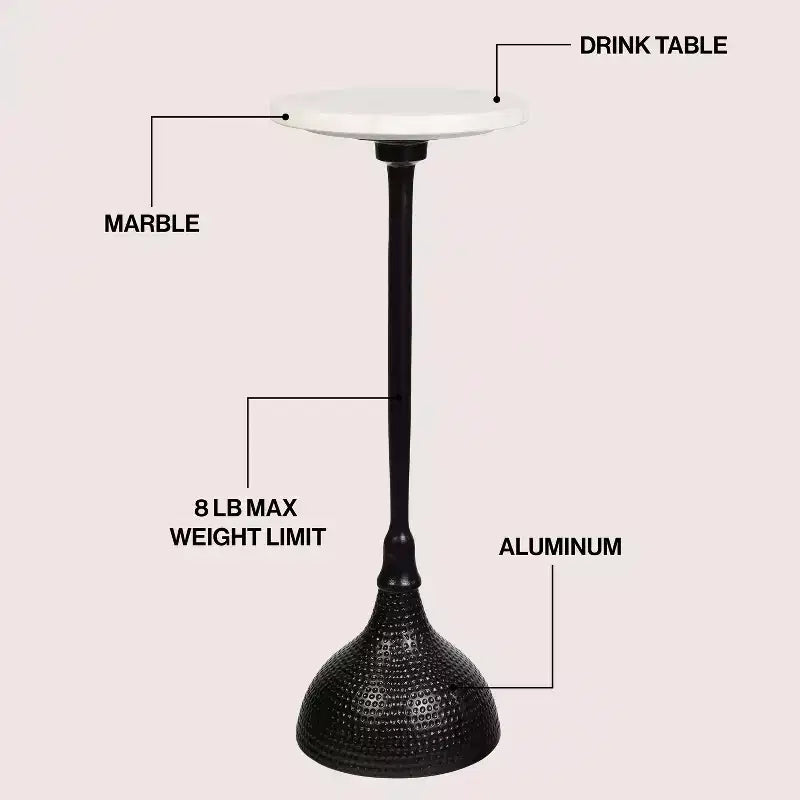 Art Deco Metal Pedestal Drink Table with White Marble Round Top & Hammered Base