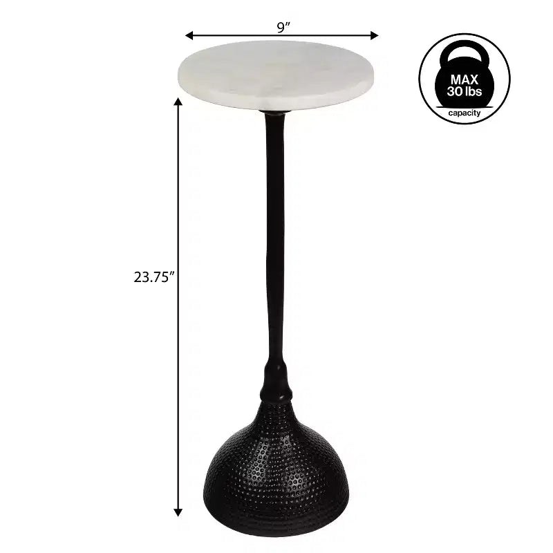 Art Deco Metal Pedestal Drink Table with White Marble Round Top & Hammered Base