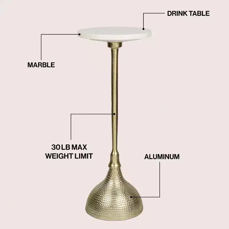 Table d'appoint ronde Art Déco en métal avec plateau en marbre blanc et base martelée
