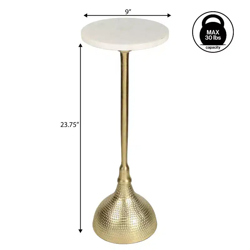 Table d'appoint ronde Art Déco en métal avec plateau en marbre blanc et base martelée