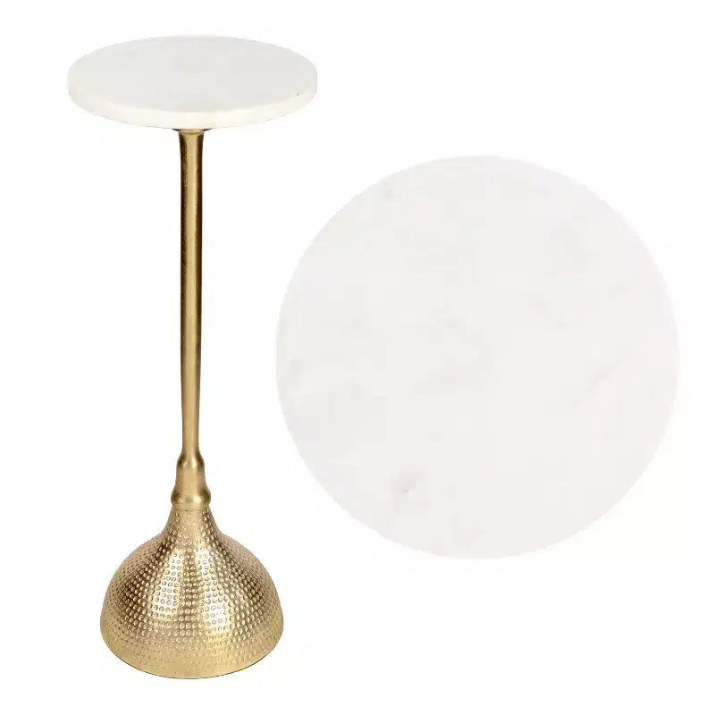 Art Deco Metal Pedestal Drink Table with White Marble Round Top & Hammered Base