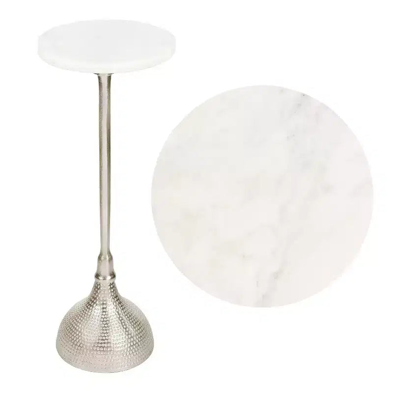 Art Deco Metal Pedestal Drink Table with White Marble Round Top & Hammered Base