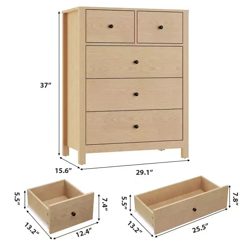 Fluted 5 Drawers Dresser, Modern Wood Grain Chests of Drawers, with Deep Drawers
