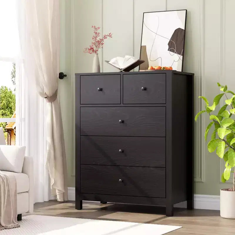 Fluted 5 Drawers Dresser, Modern Wood Grain Chests of Drawers, with Deep Drawers