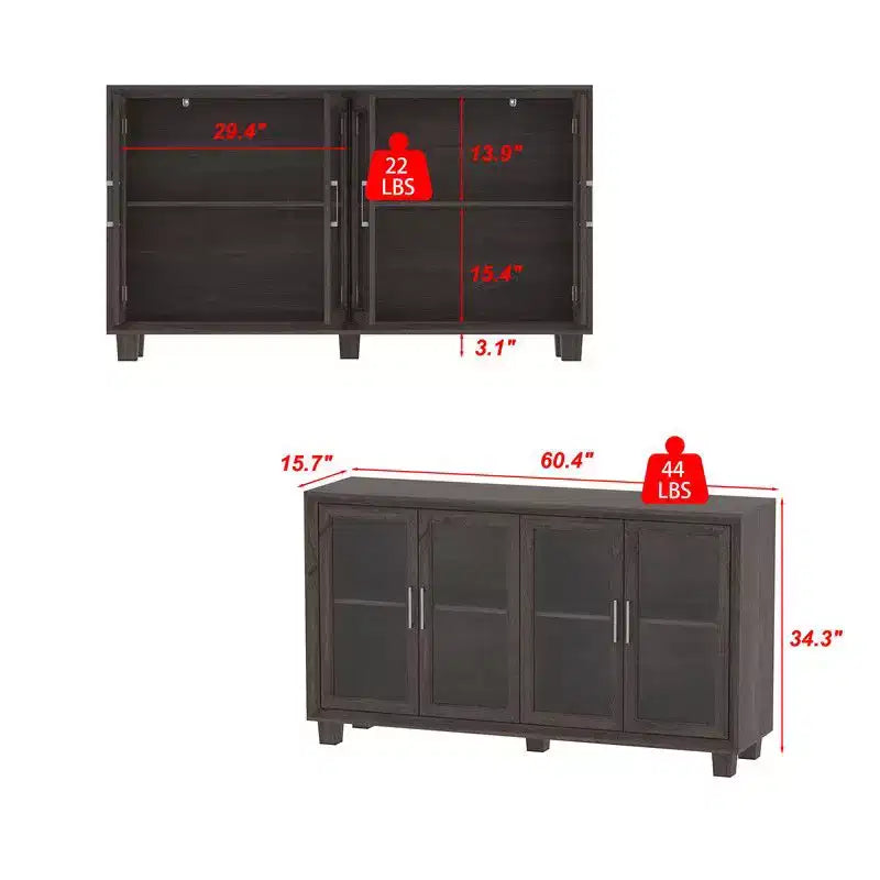 Meuble de cuisine avec portes vitrées, buffet de rangement pour la cuisine, étagères multiples pour l'organisation, pour la salle à manger, marron/blanc