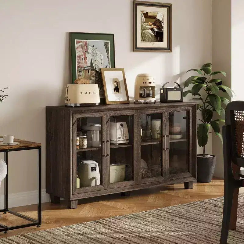 Meuble de cuisine avec portes vitrées, buffet de rangement pour la cuisine, étagères multiples pour l'organisation, pour la salle à manger, marron/blanc