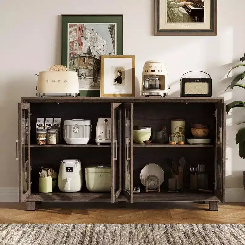 Meuble de cuisine avec portes vitrées, buffet de rangement pour la cuisine, étagères multiples pour l'organisation, pour la salle à manger, marron/blanc