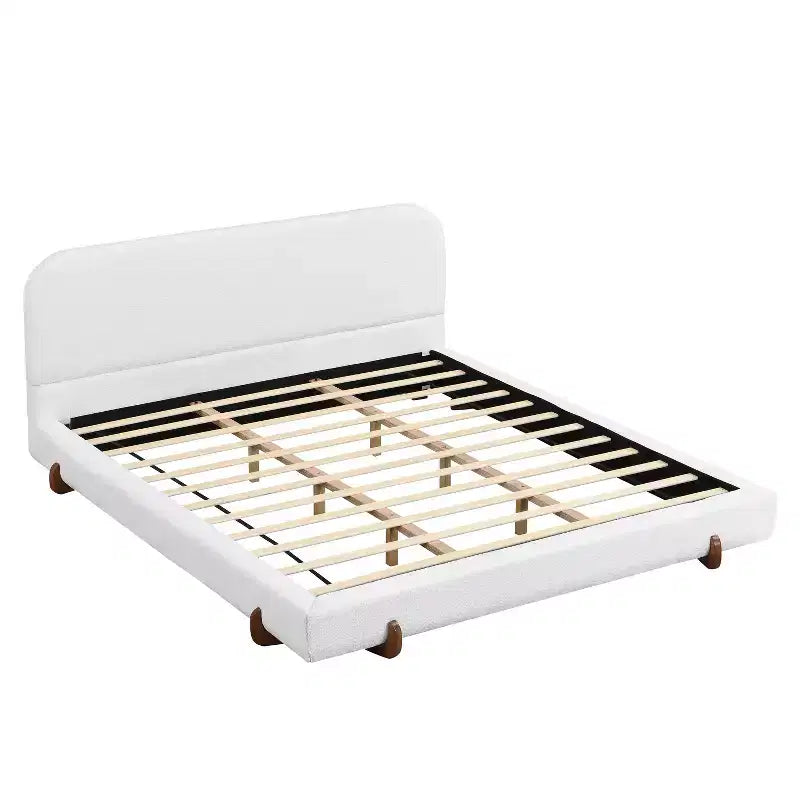 Cadre de lit rembourré California King, plateforme de lit élégante en tissu chenille avec pieds en bois d'hévéa massif