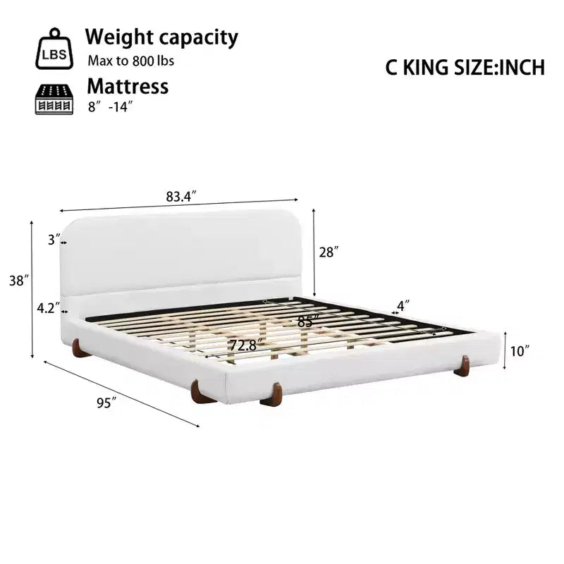 Cadre de lit rembourré California King, plateforme de lit élégante en tissu chenille avec pieds en bois d'hévéa massif