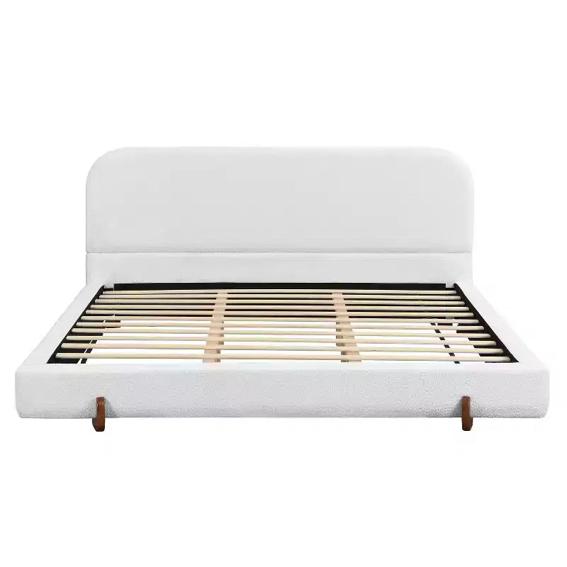 Cadre de lit rembourré California King, plateforme de lit élégante en tissu chenille avec pieds en bois d'hévéa massif