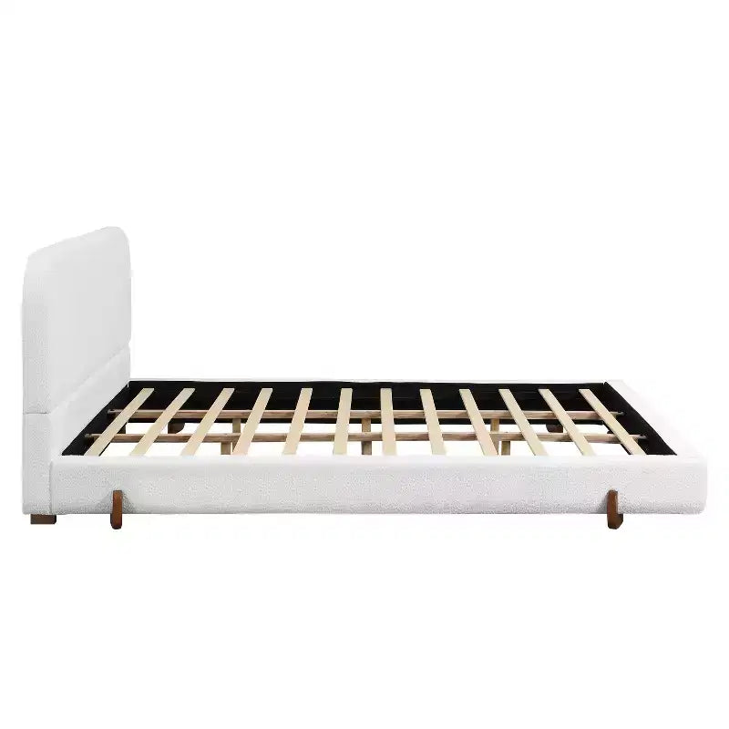 Cadre de lit rembourré California King, plateforme de lit élégante en tissu chenille avec pieds en bois d'hévéa massif
