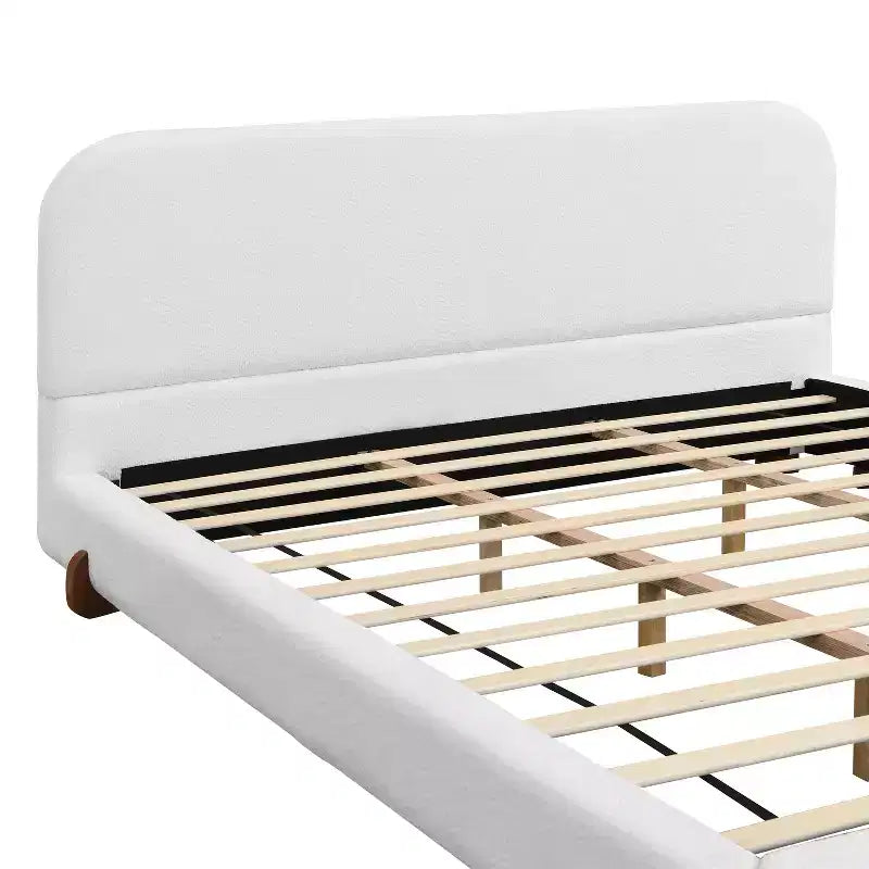 Cadre de lit rembourré California King, plateforme de lit élégante en tissu chenille avec pieds en bois d'hévéa massif