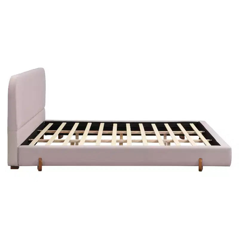 Cadre de lit rembourré California King, plateforme de lit élégante en tissu chenille avec pieds en bois d'hévéa massif