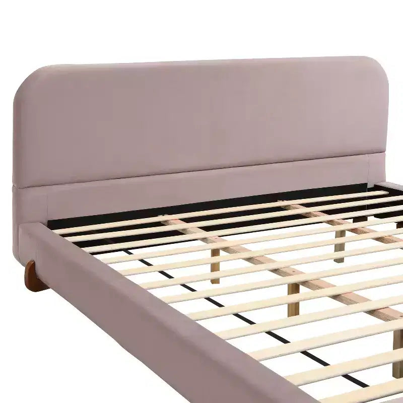 Cadre de lit rembourré California King, plateforme de lit élégante en tissu chenille avec pieds en bois d'hévéa massif
