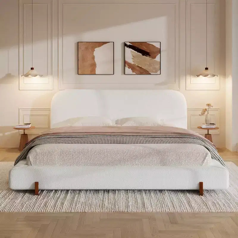 California King Upholstered Bed Frame, Elegant Chenille Fabric Platform Bed with Solid Rubber Wood Legs