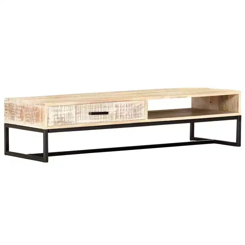 Table basse Bois d'acacia massif blanc, acier laqué