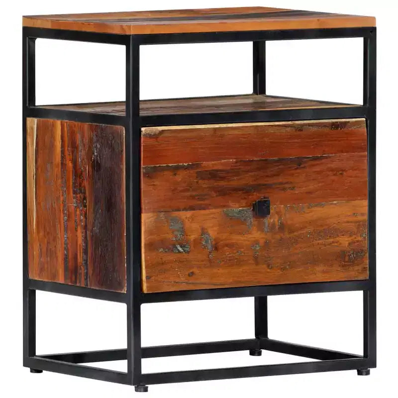 Table de chevet Mid-Century 40x30x50 cm en bois de récupération massif et acier thermolaqué, marron