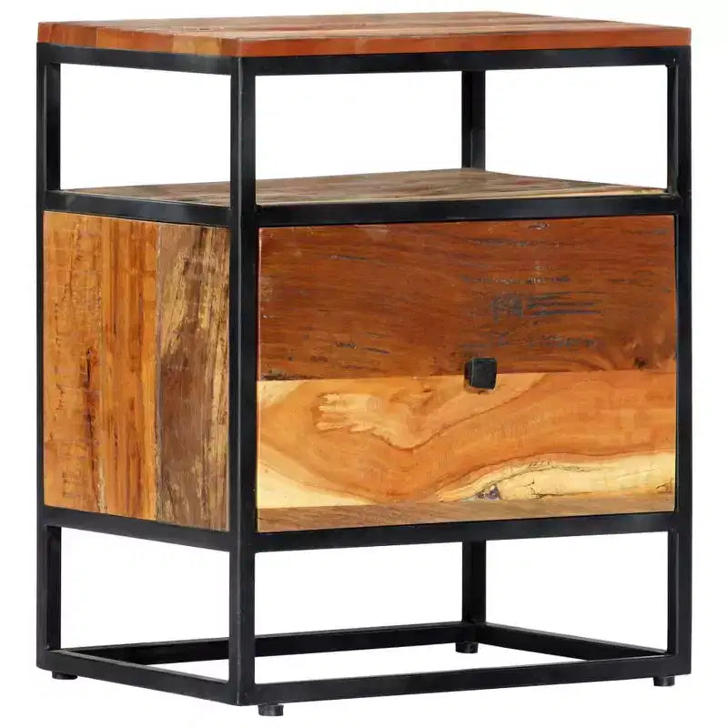 Table de chevet Mid-Century 40x30x50 cm en bois de récupération massif et acier thermolaqué, marron