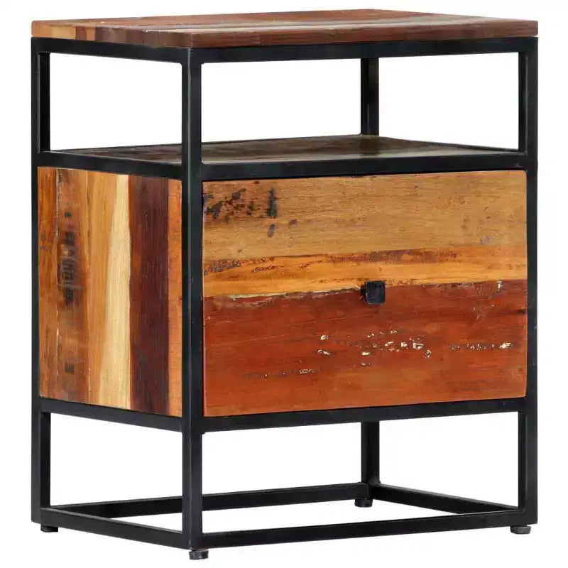 Table de chevet Mid-Century 40x30x50 cm en bois de récupération massif et acier thermolaqué, marron