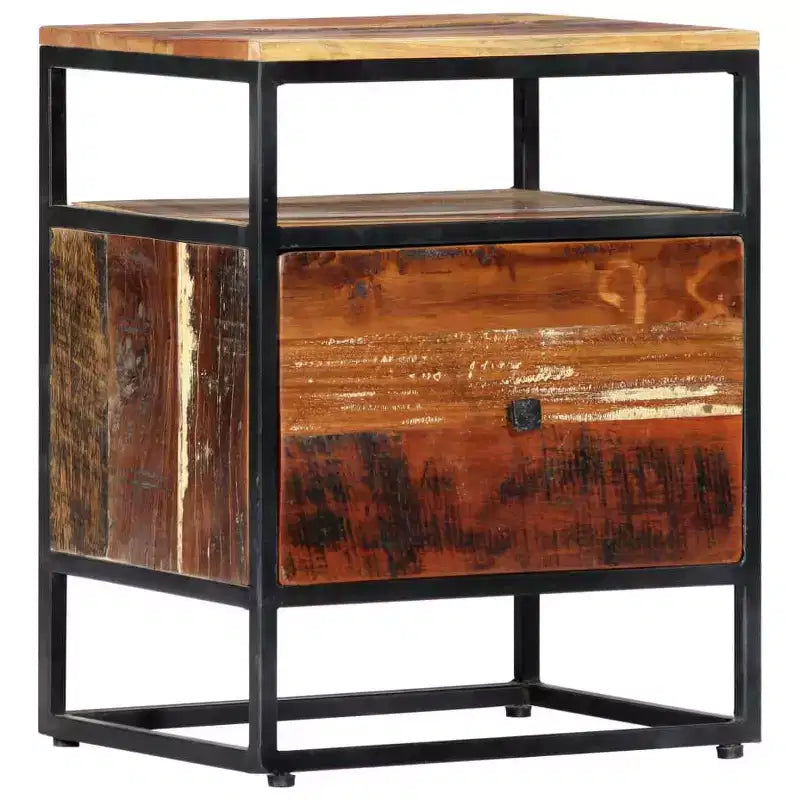 Table de chevet Mid-Century 40x30x50 cm en bois de récupération massif et acier thermolaqué, marron