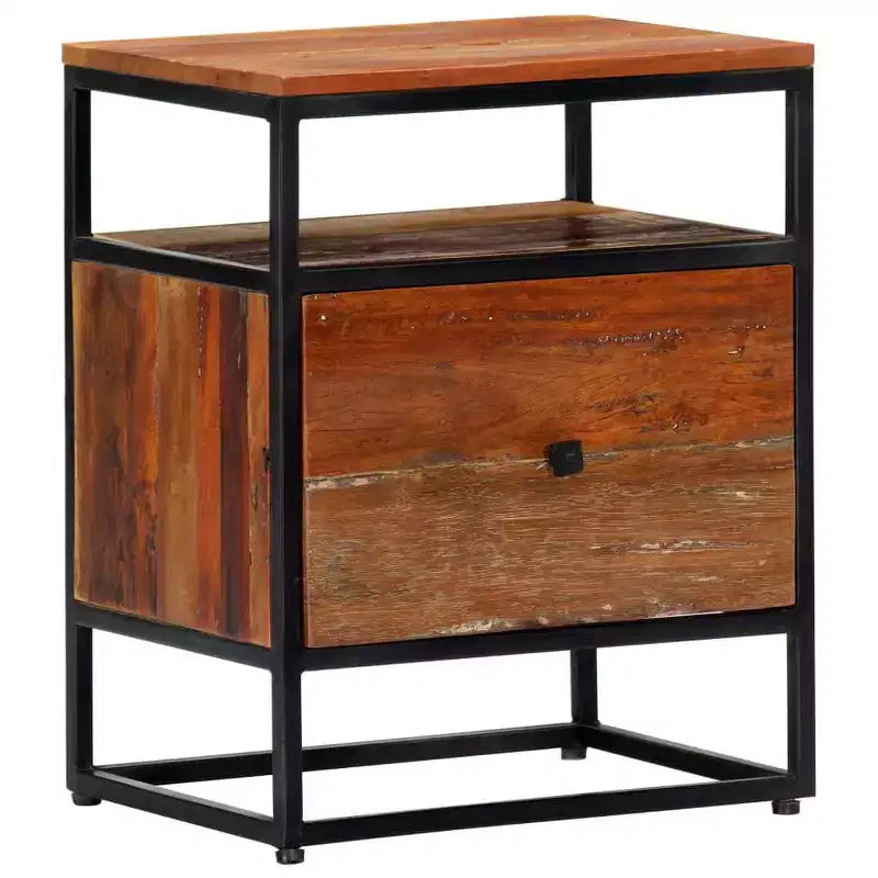 Table de chevet Mid-Century 40x30x50 cm en bois de récupération massif et acier thermolaqué, marron