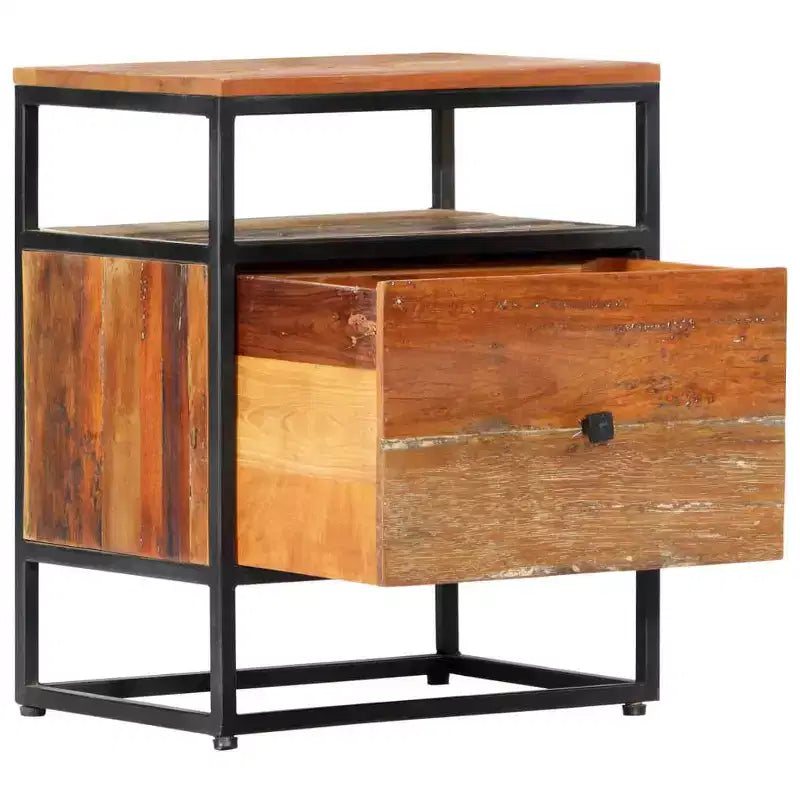 Mid-Century Bedside Cabinet / Nightstand 15.7"x11.8"x19.7", Solid Reclaimed Wood & Powder-Coated Steel, Brown