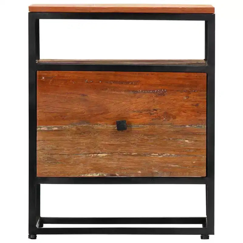 Mid-Century Bedside Cabinet / Nightstand 15.7"x11.8"x19.7", Solid Reclaimed Wood & Powder-Coated Steel, Brown